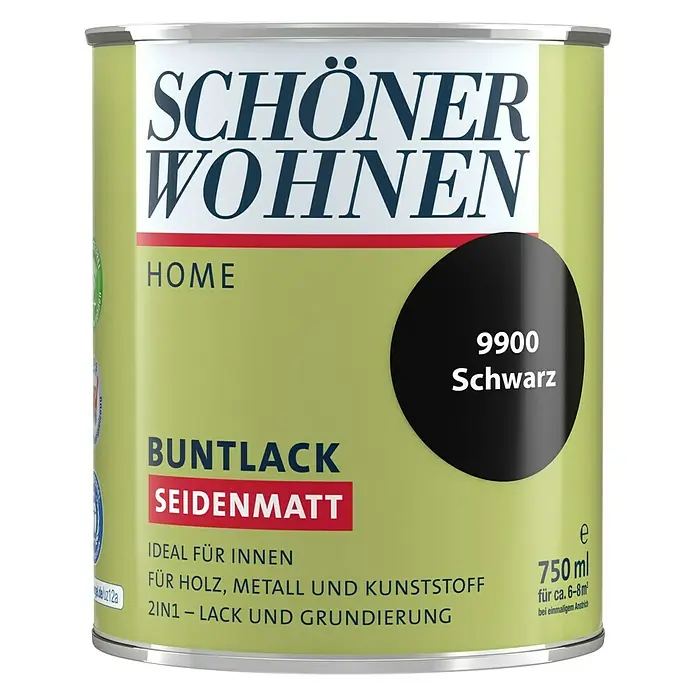 SCHÖNER WOHNEN-Farbe Home Buntlack - Schwarz, Seidenmatt, 750 ml, Wasserbasiert - Dose Schön Wohnen Buntlack Seidenmatt 9900 Schwarz. Ideal für Holz, Metall und Kunststoff. 2in1 Lack und Grundierung mit 750 ml Inhalt.