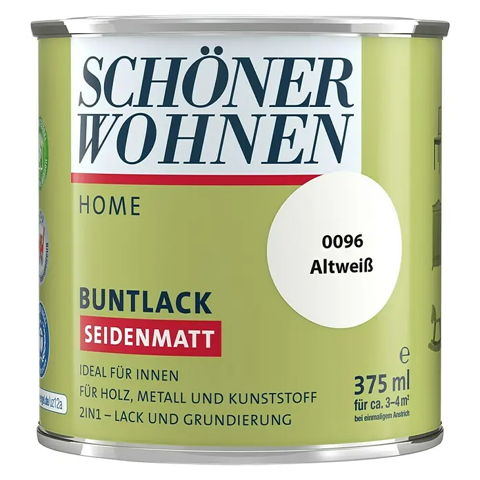 SCHÖNER WOHNEN-Farbe Home Buntlack - Altweiß, Seidenmatt, 375 ml, Wasserbasiert - Farbdose "Schöner Wohnen Home Buntlack Seidenmatt", Farbe Altweiß, 375 ml, ideal für Holz, Metall und Kunststoff im Innenbereich.