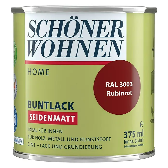 SCHÖNER WOHNEN-Farbe Home Buntlack RAL 3003 - Rubinrot, Seidenmatt, 375 ml, Wasserbasiert - Dose Schöner Wohnen Buntlack Seidenmatt Rubinrot, geeignet für Holz, Metall und Kunststoff, mit 375 ml Inhalt für Innenanwendungen.