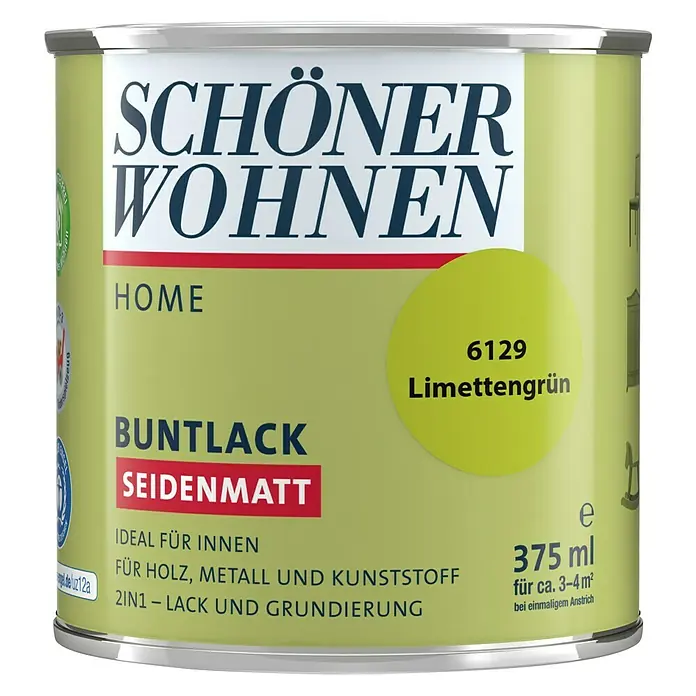 SCHÖNER WOHNEN-Farbe Home Buntlack - Limettengrün, Seidenmatt, 375 ml, Wasserbasiert - Dose Schöner Wohnen Buntlack Seidenmatt in Limettengrün, ideal für Holz, Metall und Kunststoff, 375 ml für ca. 3-4 m².