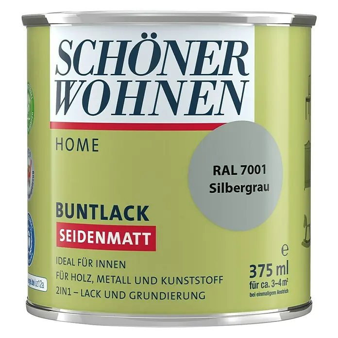 SCHÖNER WOHNEN-Farbe Home Buntlack RAL 7001 - Silbergrau, Seidenmatt, 375 ml, Wasserbasiert - Dose Schöner Wohnen Buntlack seidenmatt, RAL 7001 Silbergrau, 375 ml, ideal für Holz, Metall und Kunststoff.