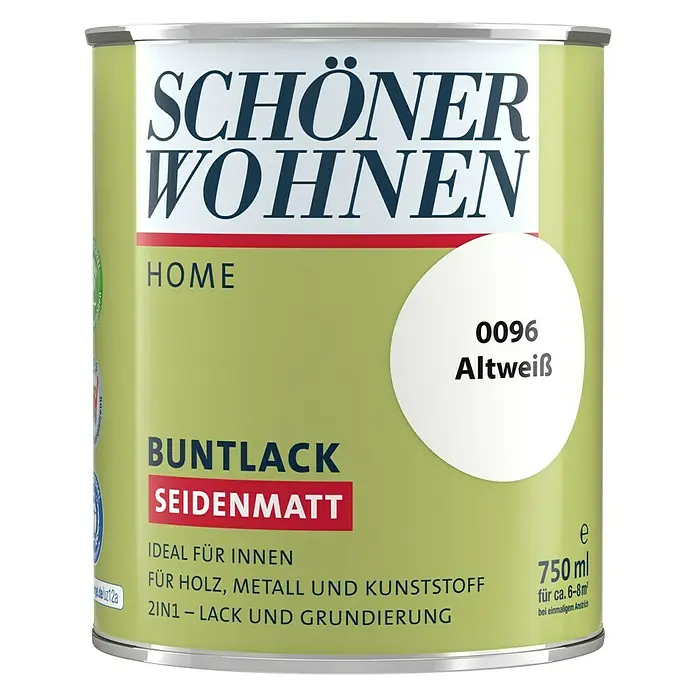 SCHÖNER WOHNEN-Farbe Home Buntlack - Altweiß, Seidenmatt, 750 ml, Wasserbasiert - Dose Schöner Wohnen Buntlack Seidenmatt, Farbton 0096 Altweiß, für Holz, Metall und Kunststoff im Innenbereich, 750ml.