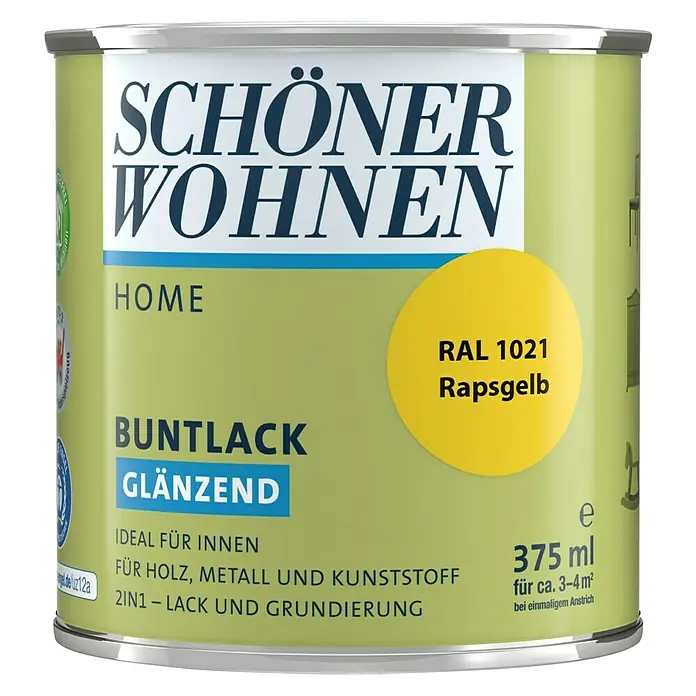 SCHÖNER WOHNEN-Farbe Home Buntlack - Rapsgelb, Glänzend, 375 ml, Wasserbasiert - Dose "Schöner Wohnen" Buntlack glänzend, Farbton RAL 1021 Rapsgelb, 375 ml, ideal für Holz, Metall und Kunststoff im Innenbereich.