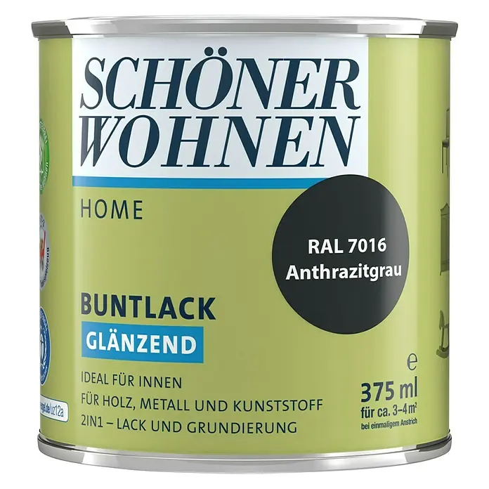 SCHÖNER WOHNEN-Farbe Home Buntlack - Anthrazitgrau, Glänzend, 375 ml, Wasserbasiert - Dose Schöner Wohnen Buntlack glänzend Anthrazitgrau RAL 7016, ideal für Holz, Metall und Kunststoff, 375ml.