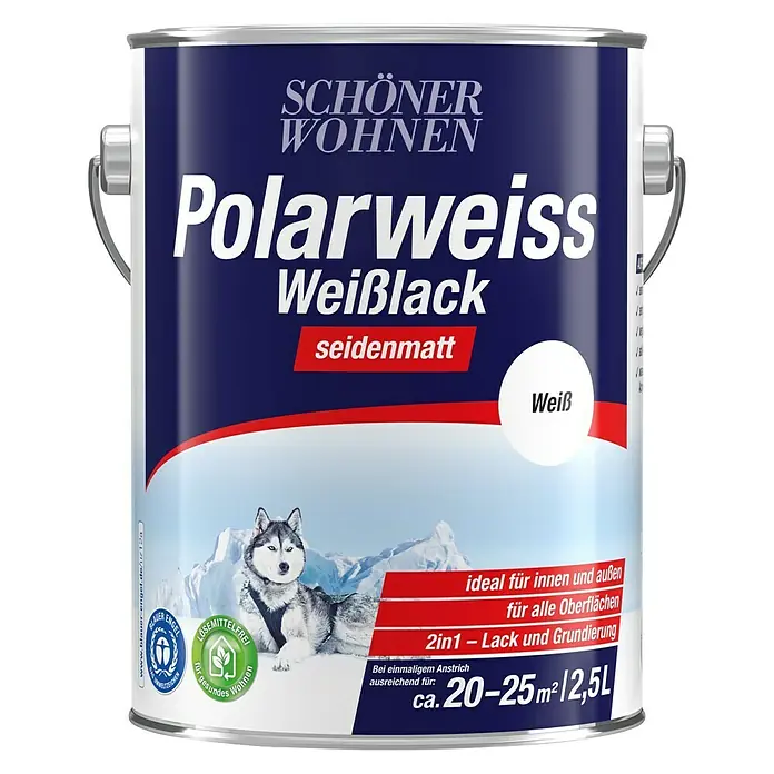 SCHÖNER WOHNEN-Farbe Weißlack Polarweiß - Weiß, Glänzend, 2,5 l, Wasserbasiert - Dose Polarweiss Weißlack seidenmatt von Schöner Wohnen. Innen- und Außenfarbe, ideal für Oberflächen, 2in1 Lack und Grundierung, ca. 20-25m²/2,5L.