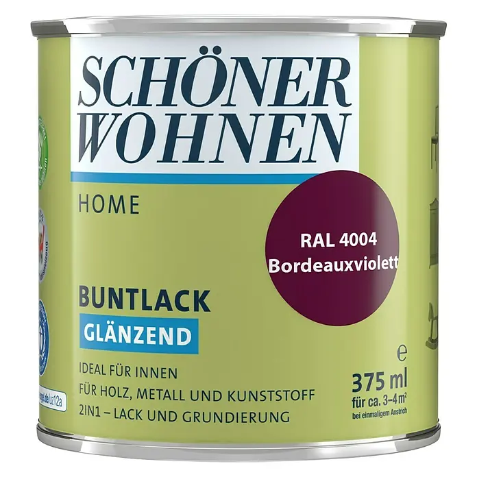 SCHÖNER WOHNEN-Farbe Home Buntlack - Bordeauxviolett, Glänzend, 375 ml, Wasserbasiert - Dose Schöner Wohnen Home Buntlack glänzend, Farbe Bordeauxviolett (RAL 4004), 375ml für Holz, Metall und Kunststoff, 2in1 Lack und Grundierung.