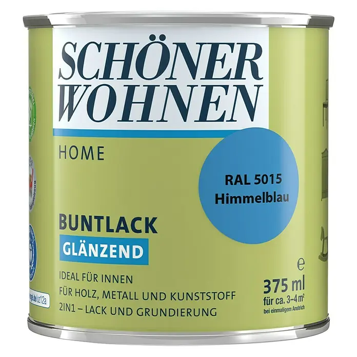 SCHÖNER WOHNEN-Farbe Home Buntlack - Himmelblau, Glänzend, 375 ml, Wasserbasiert - Dose "Schöner Wohnen Home" Buntlack glänzend in Himmelblau (RAL 5015) für Holz, Metall und Kunststoff. 375 ml für ca. 3-4 m².