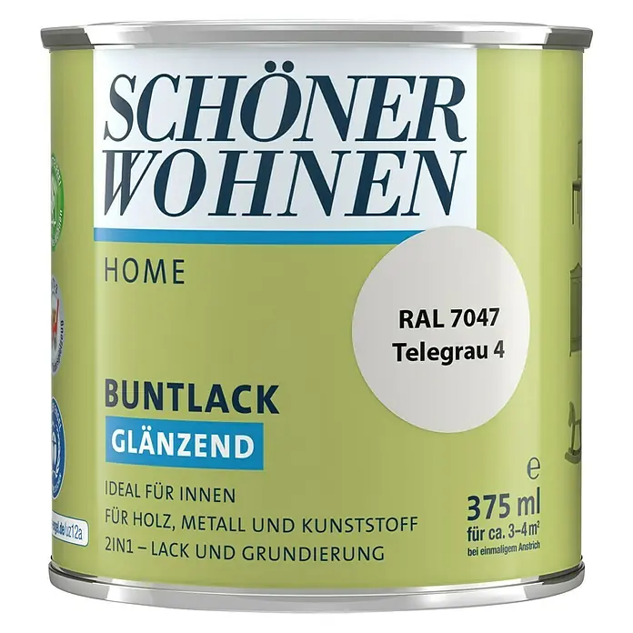 SCHÖNER WOHNEN-Farbe Home Buntlack - Telegrau, Glänzend, 375 ml, Wasserbasiert - Dose "Schöner Wohnen Home Buntlack glänzend Telegrau 4", 375 ml für Holz, Metall und Kunststoff, 2in1 Lack und Grundierung.