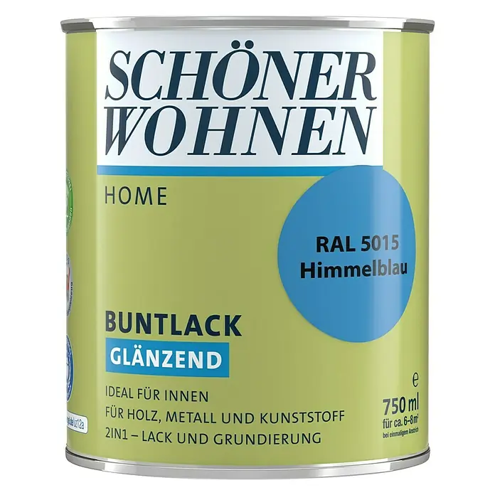 SCHÖNER WOHNEN-Farbe Home Buntlack - Himmelblau, Glänzend, 750 ml, Wasserbasiert - Dose Schöner Wohnen Buntlack Home RAL 5015 Himmelblau, ein glänzender Lack für Holz, Metall und Kunststoff im Innenbereich.