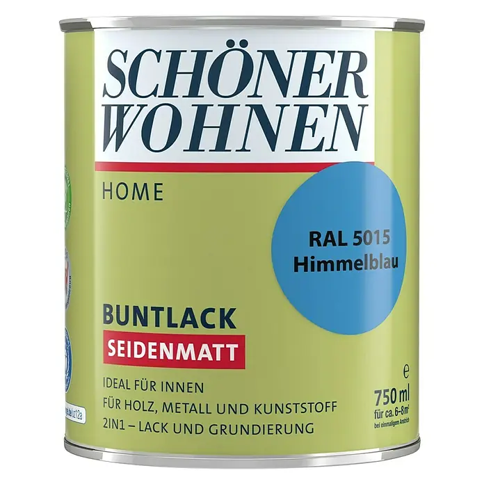 SCHÖNER WOHNEN-Farbe Home Buntlack - Himmelblau, Seidenmatt, 750 ml, Wasserbasiert - Dose "Schöner Wohnen Home" Buntlack Seidenmatt, Farbe RAL 5015 Himmelblau, ideal für Holz, Metall und Kunststoff, 750ml.