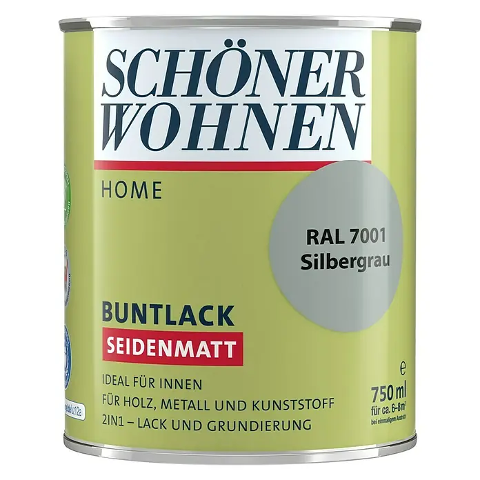 SCHÖNER WOHNEN-Farbe Home Buntlack - Silbergrau, Seidenmatt, 750 ml, Wasserbasiert - Dose Schön Wohnen Buntlack Seidenmatt, RAL 7001 Silbergrau, 750ml. Ideal für Holz, Metall und Kunststoff, 2in1 Lack und Grundierung.