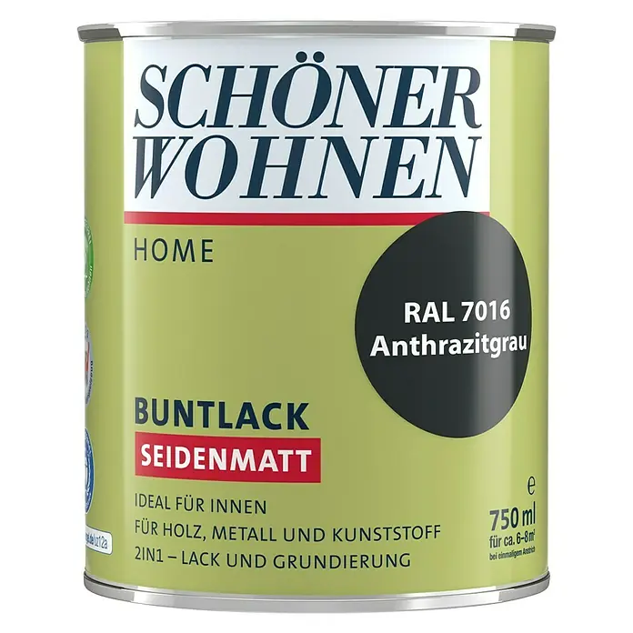 SCHÖNER WOHNEN-Farbe Home Buntlack - Anthrazitgrau, Seidenmatt, 750 ml, Wasserbasiert - Dose Schöner Wohnen Buntlack Seidenmatt Anthrazitgrau RAL 7016, ideal für Holz, Metall und Kunststoff, 750 ml für Innenanwendungen.