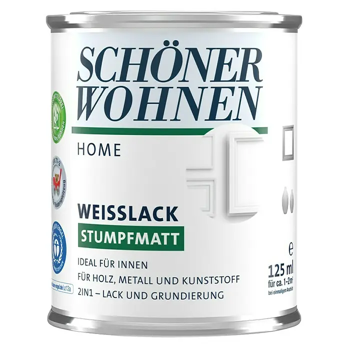 SCHÖNER WOHNEN-Farbe Home Weißlack - Weiß, Stumpfmatt, 125 ml, Wasserbasiert - Dose „Schöner Wohnen Home Weisslack Stumpfmatt“: Weißlack für Holz, Metall und Kunststoff, ideal für Innenräume. 125 ml Inhalt.