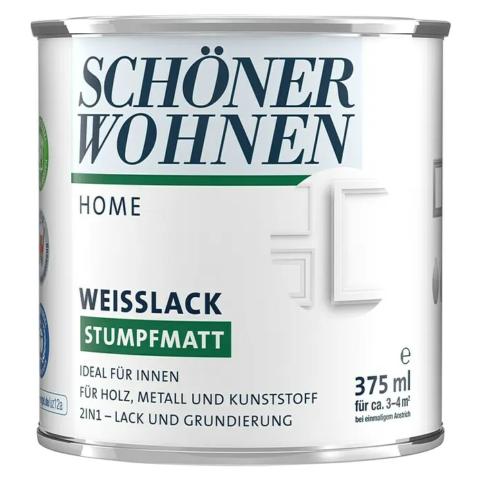 SCHÖNER WOHNEN-Farbe Home Weißlack - Weiß, Stumpfmatt, 375 ml, Wasserbasiert - Dose „Schöner Wohnen Home“ Weißlack stumpfmatt, ideal für Innenräume, für Holz, Metall und Kunststoff, 375 ml.