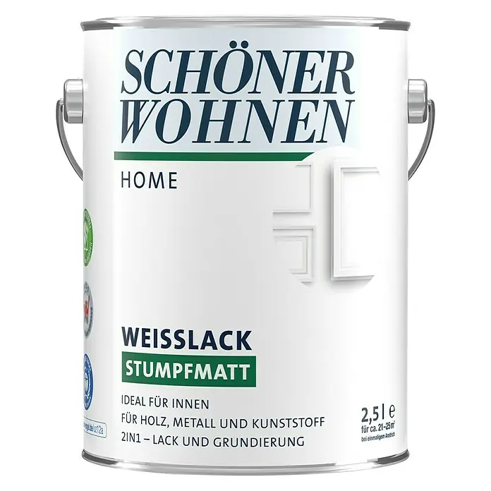 SCHÖNER WOHNEN-Farbe Home Weißlack - Weiß, Stumpfmatt, 2,5 l, Wasserbasiert - Dose Schöner Wohnen Home Weißlack Stumpfmatt. Ideal für Holz, Metall und Kunststoff, 2in1 Lack und Grundierung für Innenräume.