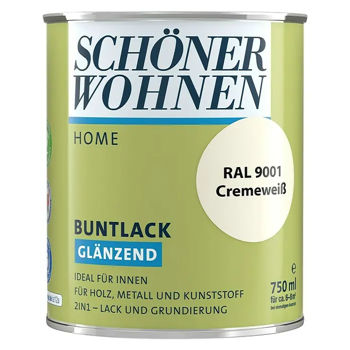 SCHÖNER WOHNEN-Farbe Home Buntlack - Cremeweiß, Glänzend, 750 ml, Wasserbasiert - Abbildung einer Dose Schöner Wohnen Buntlack glänzend in Cremeweiß (RAL 9001) für den Innenbereich, ideal für Holz, Metall und Kunststoff.