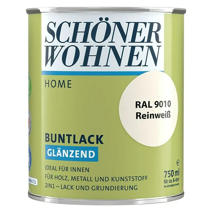 SCHÖNER WOHNEN-Farbe Home Buntlack - Reinweiß, Glänzend, 750 ml, Wasserbasiert - Dose Schöner Wohnen Home Buntlack Glänzend Reinweiß RAL 9010, geeignet für Holz, Metall und Kunststoff, 750ml.