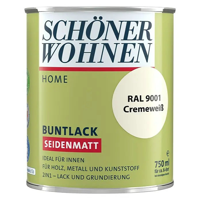 SCHÖNER WOHNEN-Farbe Home Buntlack - Cremeweiß, Seidenmatt, 750 ml, Wasserbasiert - Dose Schöner Wohnen Buntlack Seidenmatt Home, Farbe RAL 9001 Cremeweiß, 750 ml, ideal für Holz, Metall und Kunststoff.