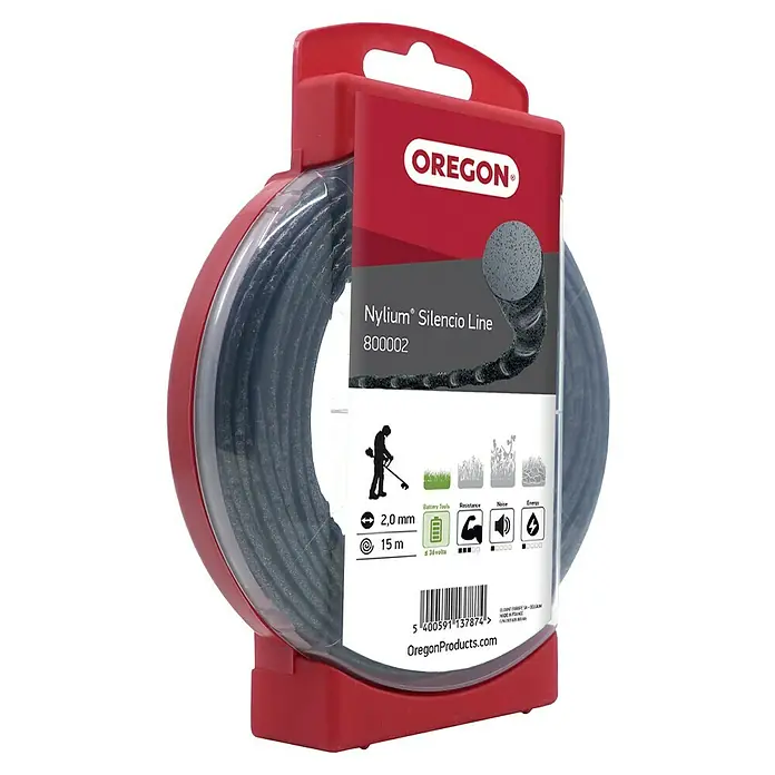 Oregon Trimmerfaden Nylium Silencio - Fadenlänge: 15 m, Fadenstärke: 2 mm - Oregon Nylium Silencio Trimmerfaden, 2,0 mm Durchmesser, 15 m Länge, ideal für leise und effiziente Rasentrimmerarbeiten mit Akku-Geräten.