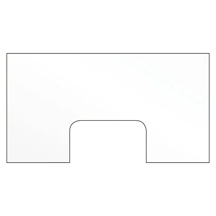 Room Plaza Hygieneschutzglas mit Durchreiche - 800 x 700 mm, Einscheibensicherheitsglas (ESG) - Darstellung einer modernen, rechteckigen, weißen Tischplatte mit einer Aussparung in der Mitte, ideal für Büros oder Arbeitsbereiche.