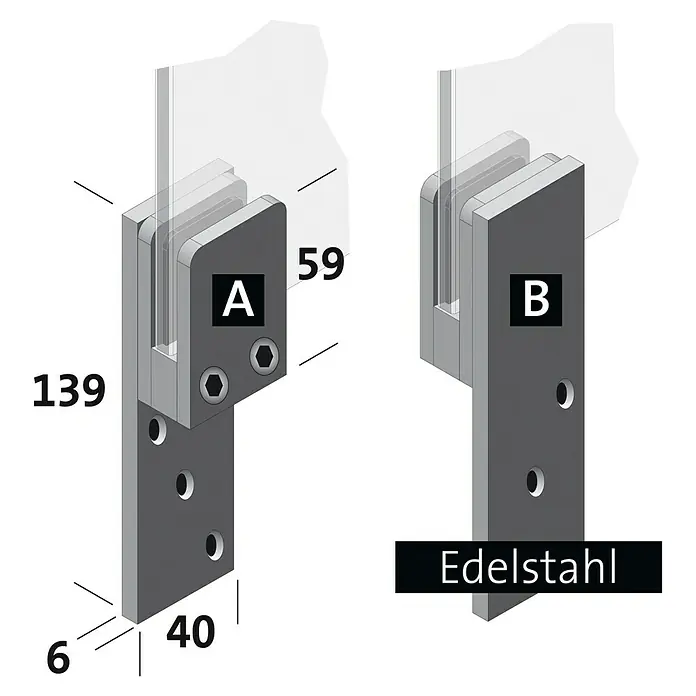 Room Plaza Thekenhalter - 139 x 40 mm, Edelstahl, Passend für: Room Plaza Hygieneschutzglas - Abbildung zweier Edelstahl-Glashalterungen A und B mit Maßangaben.