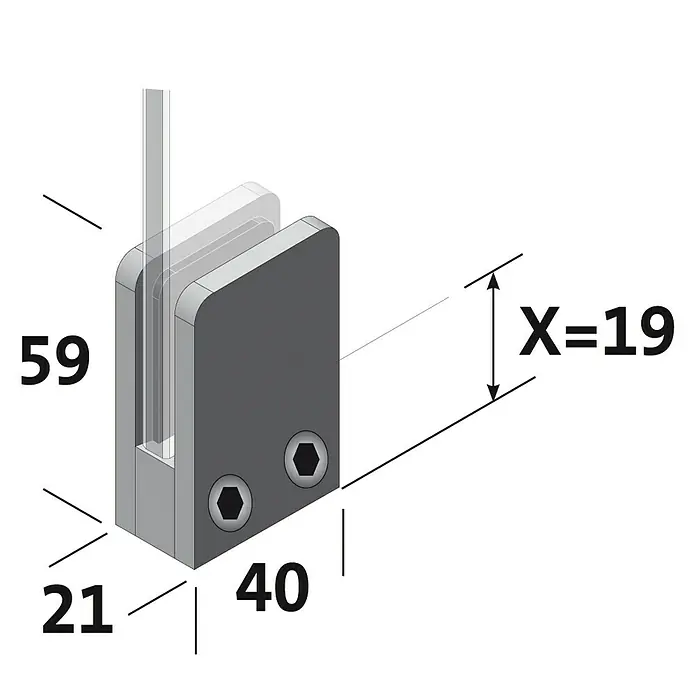 Room Plaza Halter - 59 x 40 mm, Edelstahl, Passend für: Room Plaza Hygieneschutzglas - Abbildung einer Glasklemme mit den Maßen 59x21x40 und einer Glasstärke von 19mm. Die Klemme ist aus Metall und hat zwei Schrauben.