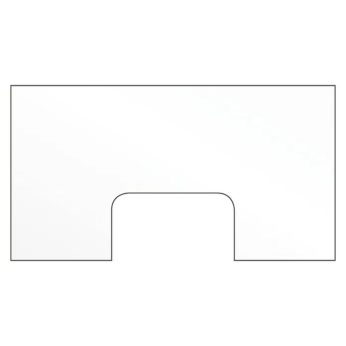 Room Plaza Hygieneschutzglas mit Durchreiche - 1.000 x 700 mm, Einscheibensicherheitsglas (ESG) - Bild eines weißen Schreibtischaufsatzes mit schwarzem Rand. Der Aufsatz hat eine Aussparung in der Mitte.
