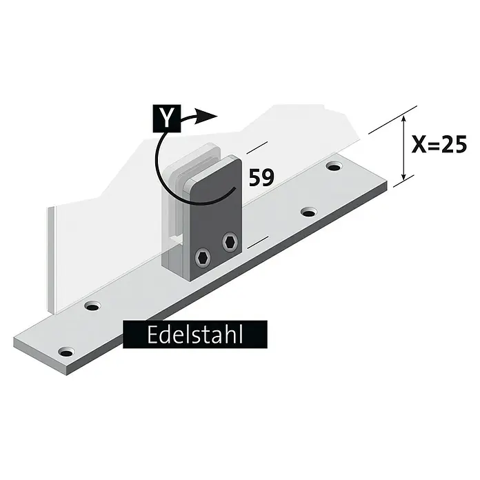 Room Plaza Standfuß - 200 x 40 mm, Edelstahl, Passend für: Room Plaza Hygieneschutzglas - Edelstahldetail mit Maßangaben und Y-Achsen-Pfeil für technische Zeichnungen, ideal für Bauanleitungen und Produktvisualisierungen.