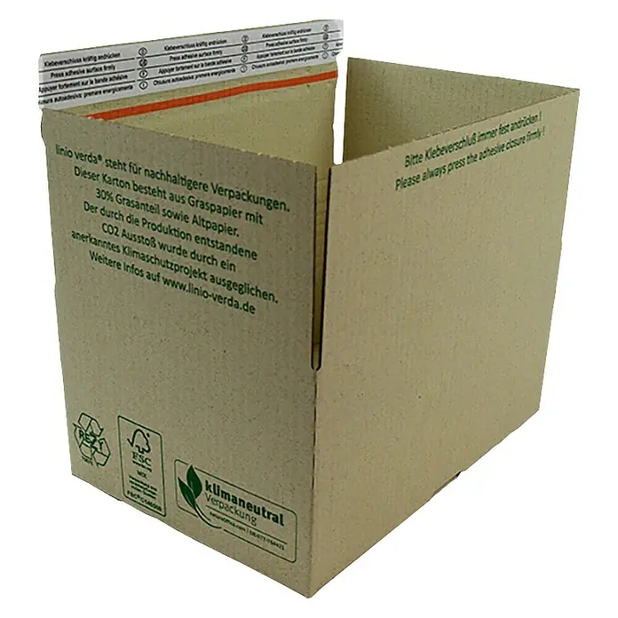 PackMann linio verda® Verpackungskarton - L x B x H: 210 x 150 x 130 mm - Karton aus Graspapier mit Aufdrucken zu Umweltschutz und Anwendungshinweisen für einen sicheren Verschluss.