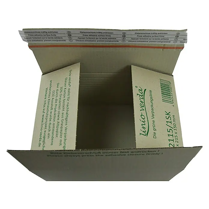 PackMann linio verda® Verpackungskarton - L x B x H: 210 x 150 x 130 mm - Geöffnete Linio Verda-Versandbox aus Graspapier, umweltfreundlich und nachhaltig für den Versand von Produkten.