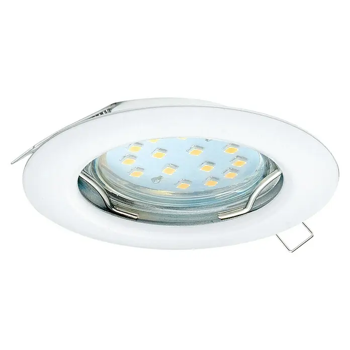 Eglo LED-Einbauleuchte rund Peneto - 3 W, Ø x H: 7,8 x 11,5 cm, Weiß, Warmweiß - Nahaufnahme einer runden, weißen LED-Deckenleuchte mit Metallelementen, die eine moderne und effiziente Beleuchtungslösung darstellt.