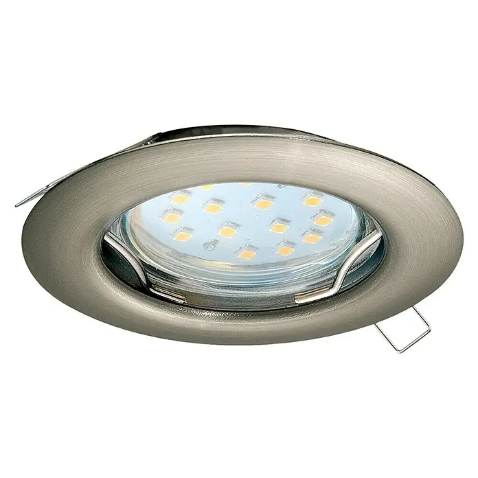 Eglo LED-Einbauleuchte rund Peneto - 3 W, Ø x H: 7,8 x 11,5 cm, Nickel, Warmweiß - Nahaufnahme einer runden LED-Deckenleuchte mit gebürstetem Metallrahmen und mehreren LED-Leuchten im Inneren.