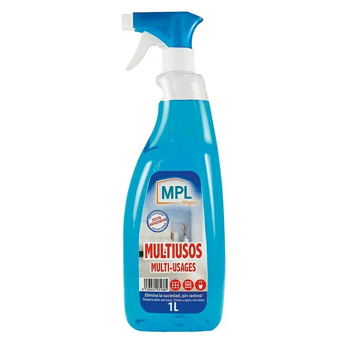 MPL Limpiador multiusos - 1 l, Botella rociadora - Limpiador multiusos MPL en una botella azul con pulverizador. El producto promete limpieza sin rastros y efecto antiestático.