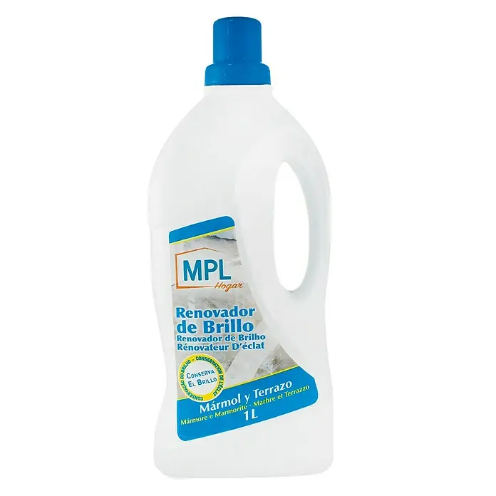MPL Limpiador de suelos Renovador de brillo - 1 l - MPL Hogar Renovador de Brillo: Botella de 1L de limpiador renovador para mármol y terrazo, prometiendo brillo renovado.