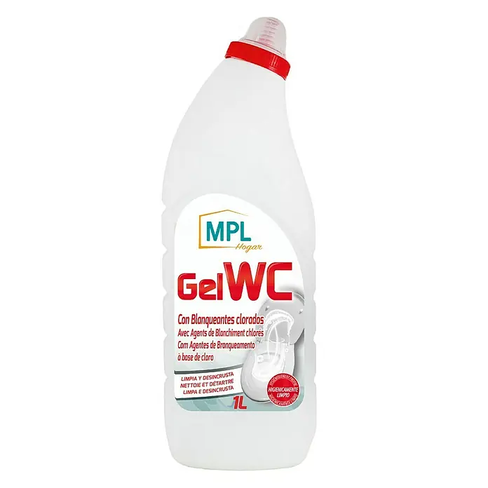 MPL Gel de limpieza WC Lejía - 1 l - Imagen de una botella de MPL Hogar GelWC, un gel limpiador de inodoros con lejía, que garantiza una limpieza higiénica.
