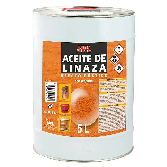 MPL Aceite de linaza - Marrón, 5 l - Bote de aceite de linaza "Aceite de Linaza Efecto Rústico" de MPL, 5L, ideal para acabados rústicos de madera y tratamiento de superficies.