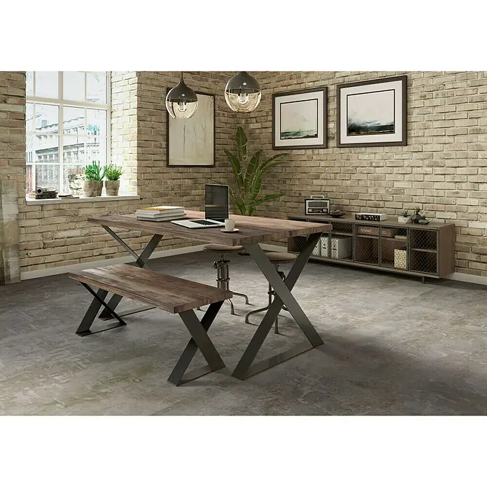 Pata para muebles Aspa - L x An x Al: 78 x 8,5 x 71 cm, Capacidad de carga: 150 kg, Acero, Negro - Una elegante zona de comedor con una mesa de madera con patas en forma de X, un banco y un aparador, iluminada por lámparas colgantes modernas.
