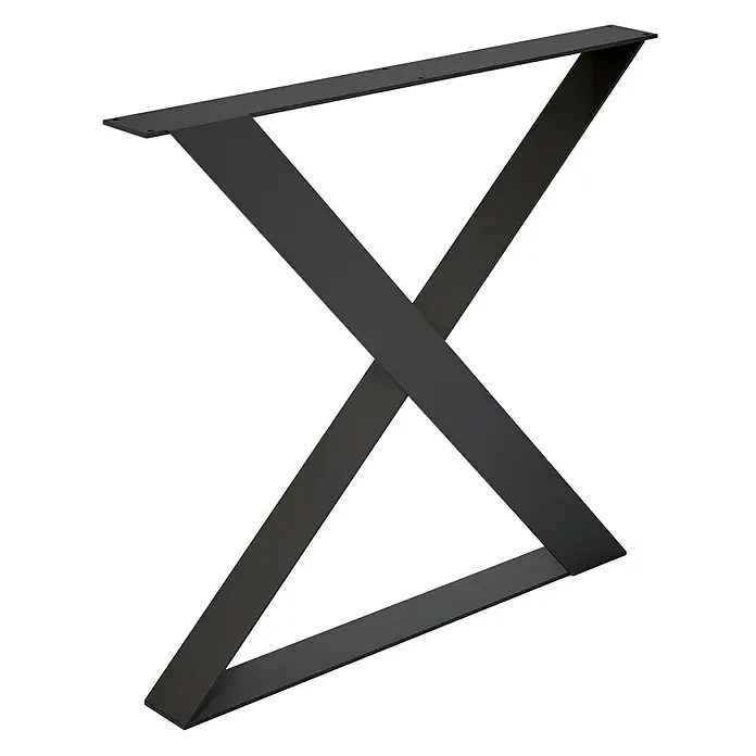 Pata para muebles Aspa - L x An x Al: 78 x 8,5 x 71 cm, Capacidad de carga: 150 kg, Acero, Negro - Pata de mesa negra en forma de X con parte superior plana para fijarla a una mesa, ofreciendo un diseño moderno.
