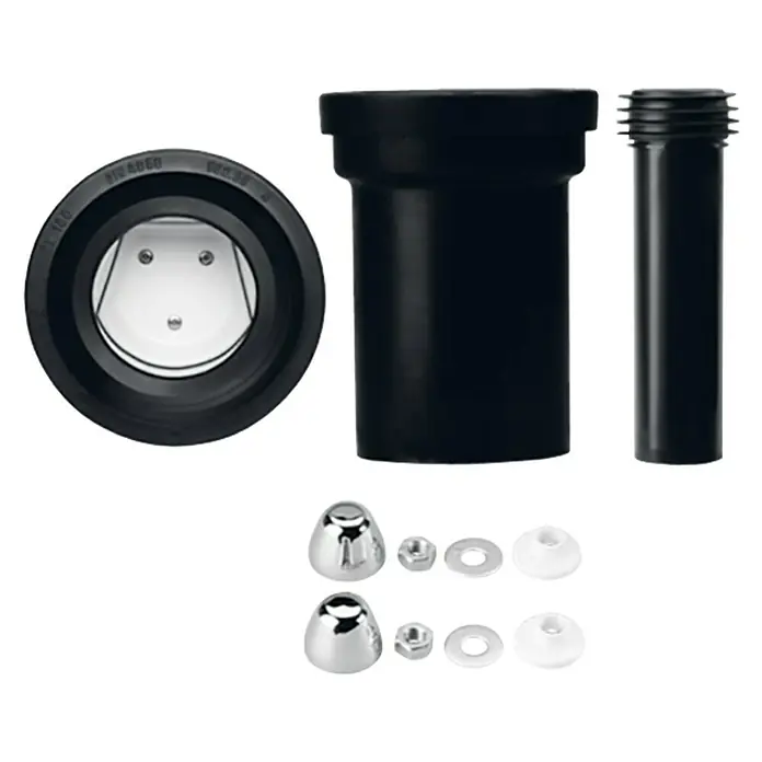 Marley Anschlussgarnitur - Durchmesser: 110 mm, Schwarz, Rattensperre - Das Bild zeigt ein WC-Anschluss-Set mit verschiedenen schwarzen Rohren, Schrauben, Muttern und Abdeckungen, die für die Installation einer Toilette benötigt werden.