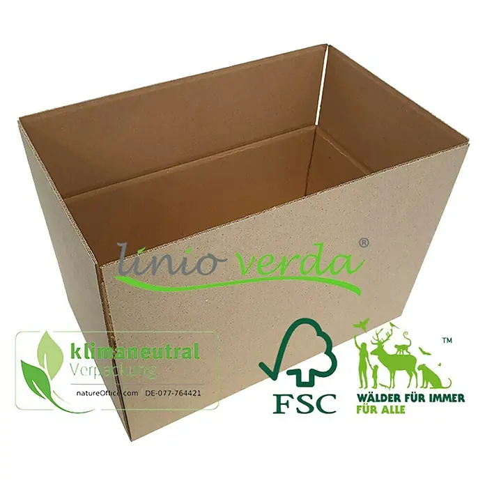 PackMann linio verda® Verpackungskarton - L x B x H: 300 x 220 x 150 mm - Eine braune, rechteckige Versandbox aus Pappe mit dem Aufdruck "tinio verda", FSC-Siegel und Hinweisen zur Klimaneutralität.