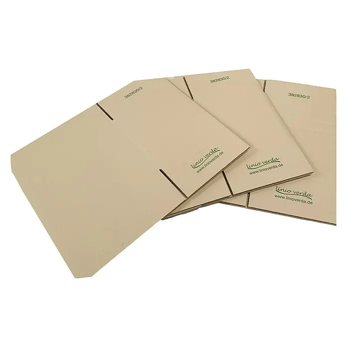 PackMann linio verda® Verpackungskarton - L x B x H: 220 x 160 x 100 mm - Drei Linio Verda Versandkartons aus Pappe, geeignet für den sicheren Versand von Produkten, mit Firmenlogo und Webadresse.