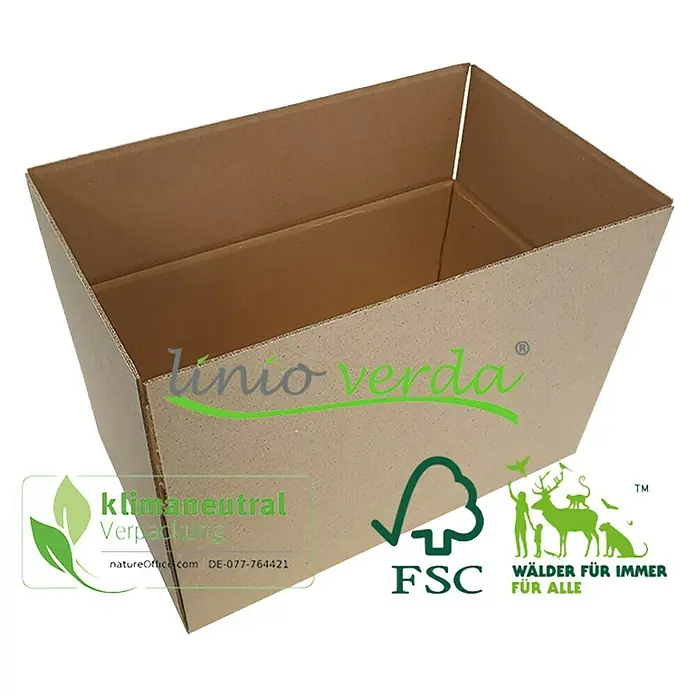 PackMann linio verda® Verpackungskarton - L x B x H: 380 x 280 x 300 mm - Bild einer umweltfreundlichen braunen Kartonbox mit Nachhaltigkeitslogos.
