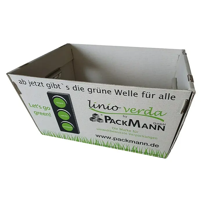 PackMann linio verda® Einkaufsbox S - L x B x H: 380 x 260 x 230 mm - Karton von Packmann, der für umweltbewusste Verpackungen steht und die grüne Welle unterstützt, mit Aufschrift "Let's go green!".