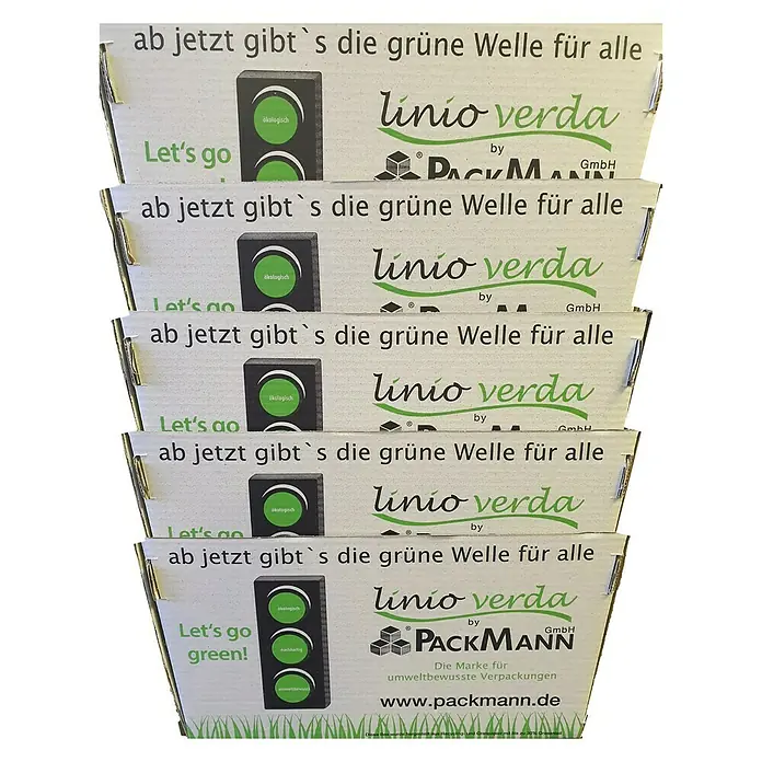 PackMann linio verda® Einkaufsbox S - L x B x H: 380 x 260 x 230 mm - Stapel von "Linio Verda" Verpackungen der Firma PackMann, die für ihre umweltbewussten Verpackungslösungen wirbt.