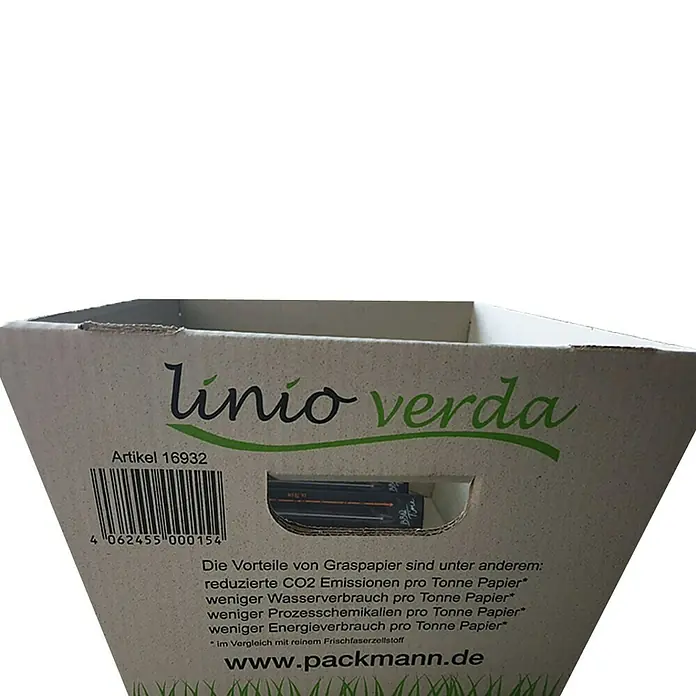 PackMann linio verda® Einkaufsbox S - L x B x H: 380 x 260 x 230 mm - Karton der Marke "Linio Verda", Artikel 16932, mit Barcode, Text über Vorteile von Graspapier und Webadresse www.packmann.de.