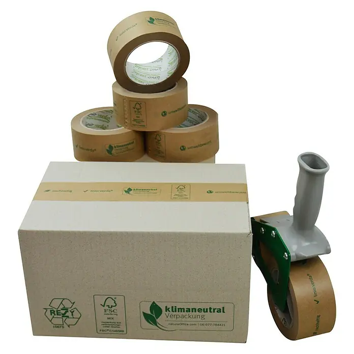 PackMann linio verda® Packband - Braun, L x B: 50 m x 50 mm - Nachhaltige Verpackung: Karton, Klebeband und Abroller für umweltfreundliches Versenden.