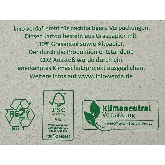 PackMann linio verda® Verpackungskarton - L x B x H: 300 x 220 x 50 mm - Text und Logos auf einer Recycling-Kartonverpackung, die Nachhaltigkeit und Umweltfreundlichkeit betont.