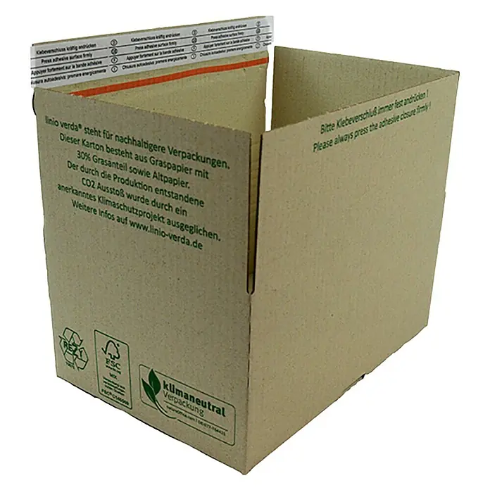 PackMann linio verda® Verpackungskarton - L x B x H: 300 x 210 x 150 mm - Karton aus Graspapier mit Hinweisen zu Klebeverschlüssen und Nachhaltigkeit.