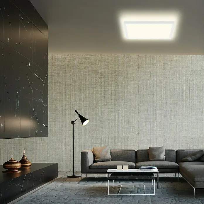 Panel LED Backlight - 22 W, L x An x Al: 42 x 42 x 2,9 cm, Blanco, Blanco neutro - Una elegante sala de estar con una moderna lámpara de techo que ilumina el espacio. La lámpara proporciona un ambiente agradable.