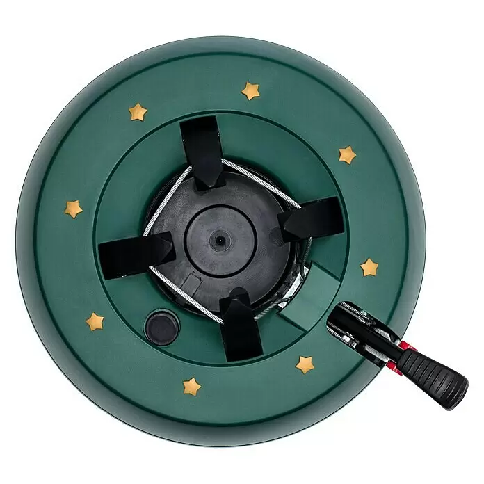 Christbaumständer Start 2 - 34 x 10,5 cm, Kunststoff, Rund, Max_Baumlaenge: 2,5 Meter (m) - Grüner Weihnachtsbaumständer mit Fußpedal-Klemmmechanismus und goldenen Sternen.